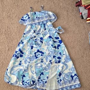 SHEIN Blue and White Strapless Dress